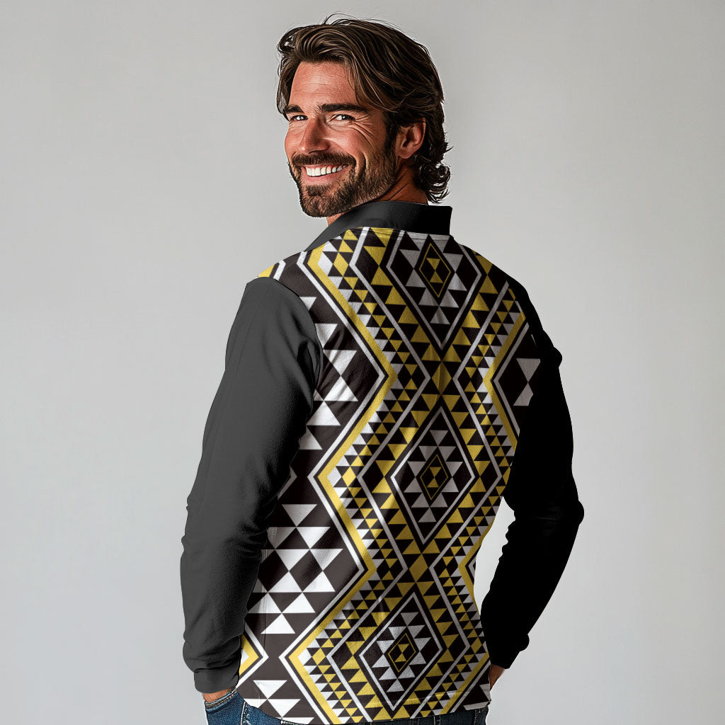 New Zealand Kowhai Taniko Motifs Long Sleeve Polo Shirt Maori Poi Dance Costume Inspired