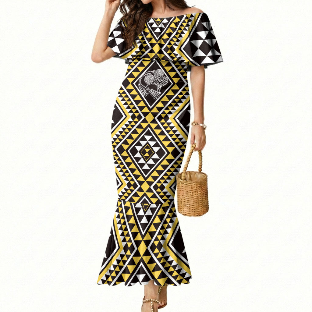 New Zealand Kowhai Taniko Motifs Mermaid Dress Maori Poi Dance Costume Inspired