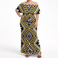 New Zealand Kowhai Taniko Motifs Off Shoulder Maxi Dress Maori Poi Dance Costume Inspired