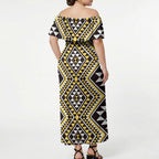 New Zealand Kowhai Taniko Motifs Off Shoulder Maxi Dress Maori Poi Dance Costume Inspired