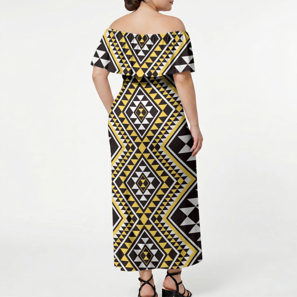 New Zealand Kowhai Taniko Motifs Off Shoulder Maxi Dress Maori Poi Dance Costume Inspired