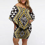 New Zealand Kowhai Taniko Motifs Off Shoulder Short Dress Maori Poi Dance Costume Inspired