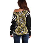 New Zealand Kowhai Taniko Motifs Off Shoulder Sweater Maori Poi Dance Costume Inspired