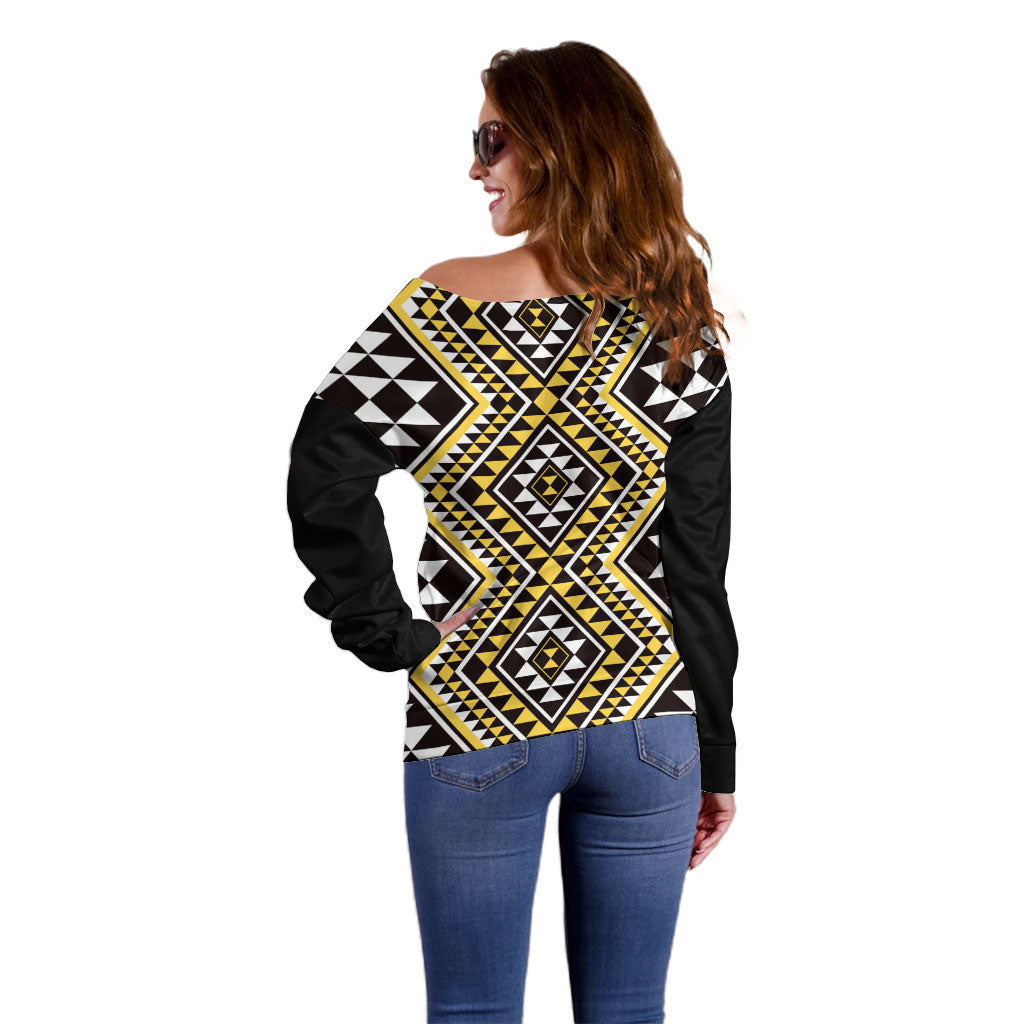 New Zealand Kowhai Taniko Motifs Off Shoulder Sweater Maori Poi Dance Costume Inspired