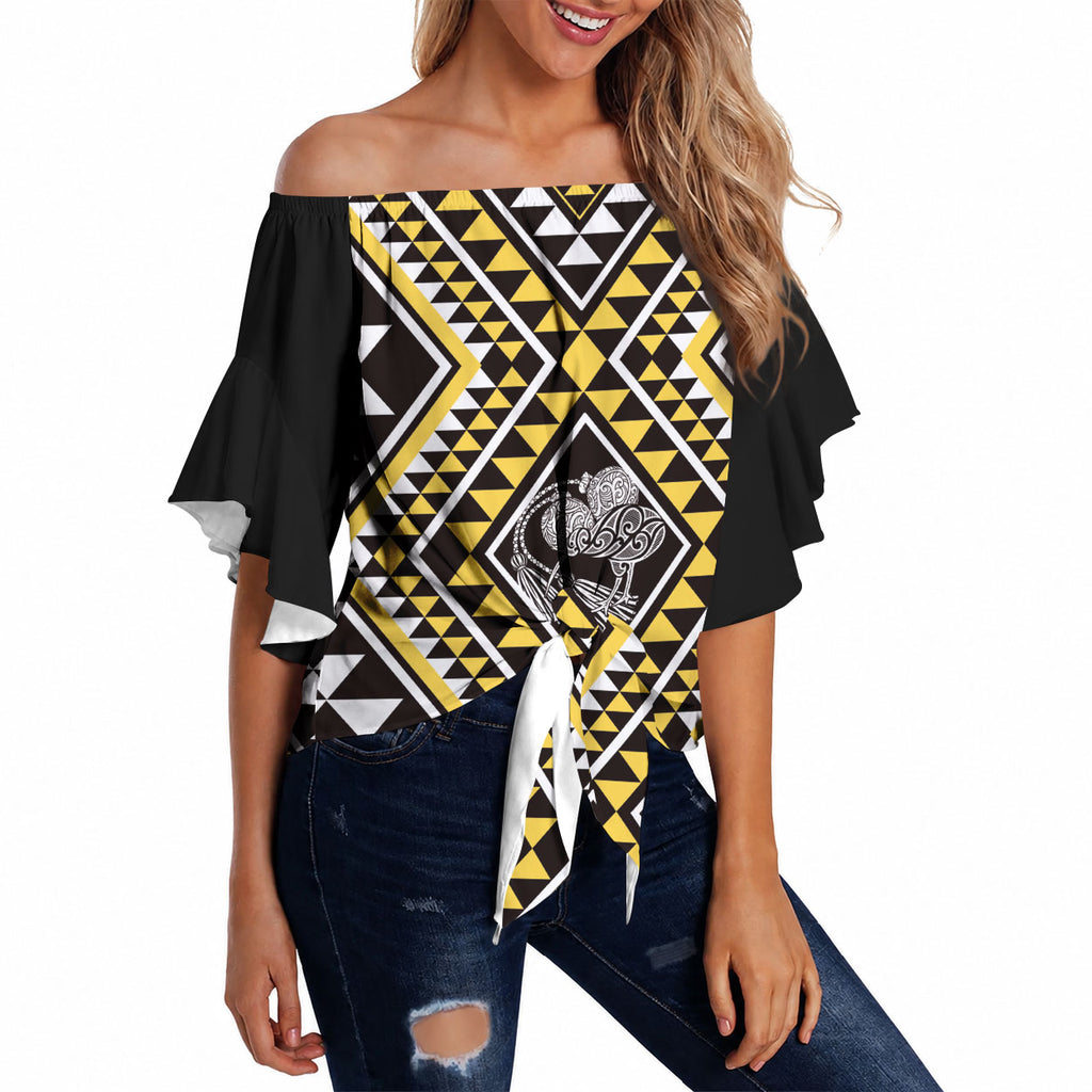 New Zealand Kowhai Taniko Motifs Off Shoulder Wrap Waist Top Maori Poi Dance Costume Inspired