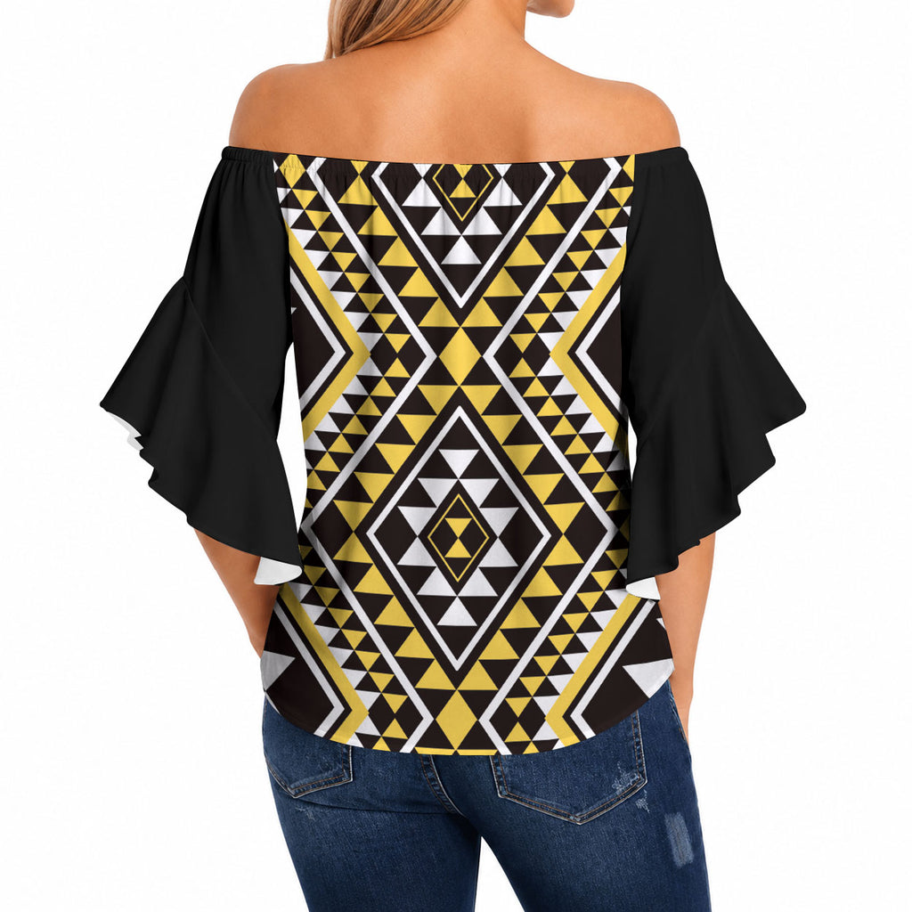 New Zealand Kowhai Taniko Motifs Off Shoulder Wrap Waist Top Maori Poi Dance Costume Inspired