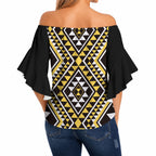 New Zealand Kowhai Taniko Motifs Off Shoulder Wrap Waist Top Maori Poi Dance Costume Inspired