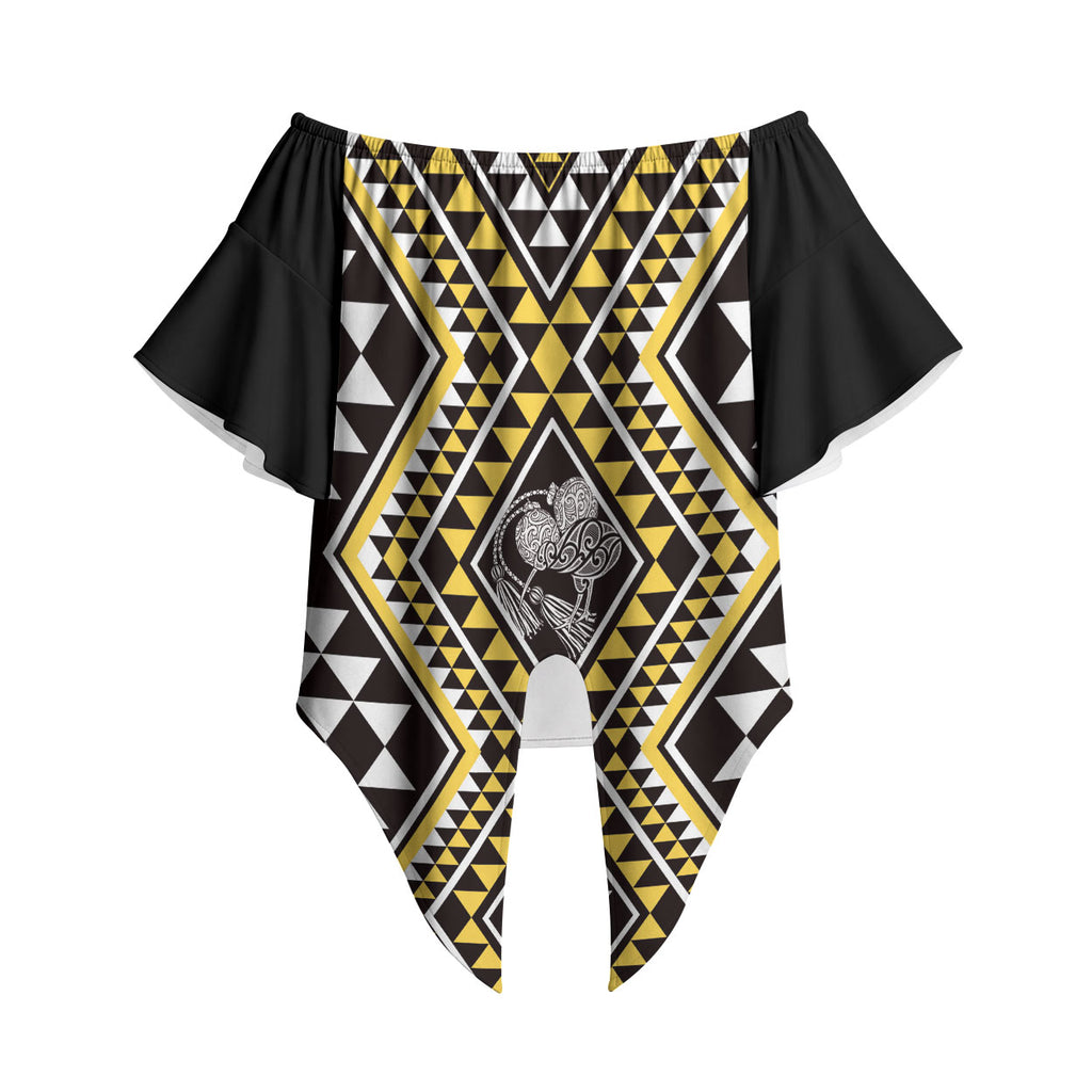 New Zealand Kowhai Taniko Motifs Off Shoulder Wrap Waist Top Maori Poi Dance Costume Inspired