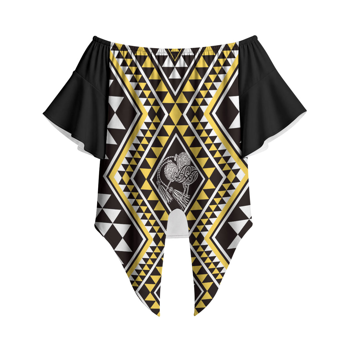 New Zealand Kowhai Taniko Motifs Off Shoulder Wrap Waist Top Maori Poi Dance Costume Inspired