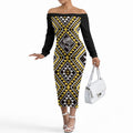 New Zealand Kowhai Taniko Motifs Off The Shoulder Long Sleeve Dress Maori Poi Dance Costume Inspired