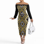 New Zealand Kowhai Taniko Motifs Off The Shoulder Long Sleeve Dress Maori Poi Dance Costume Inspired