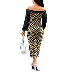New Zealand Kowhai Taniko Motifs Off The Shoulder Long Sleeve Dress Maori Poi Dance Costume Inspired