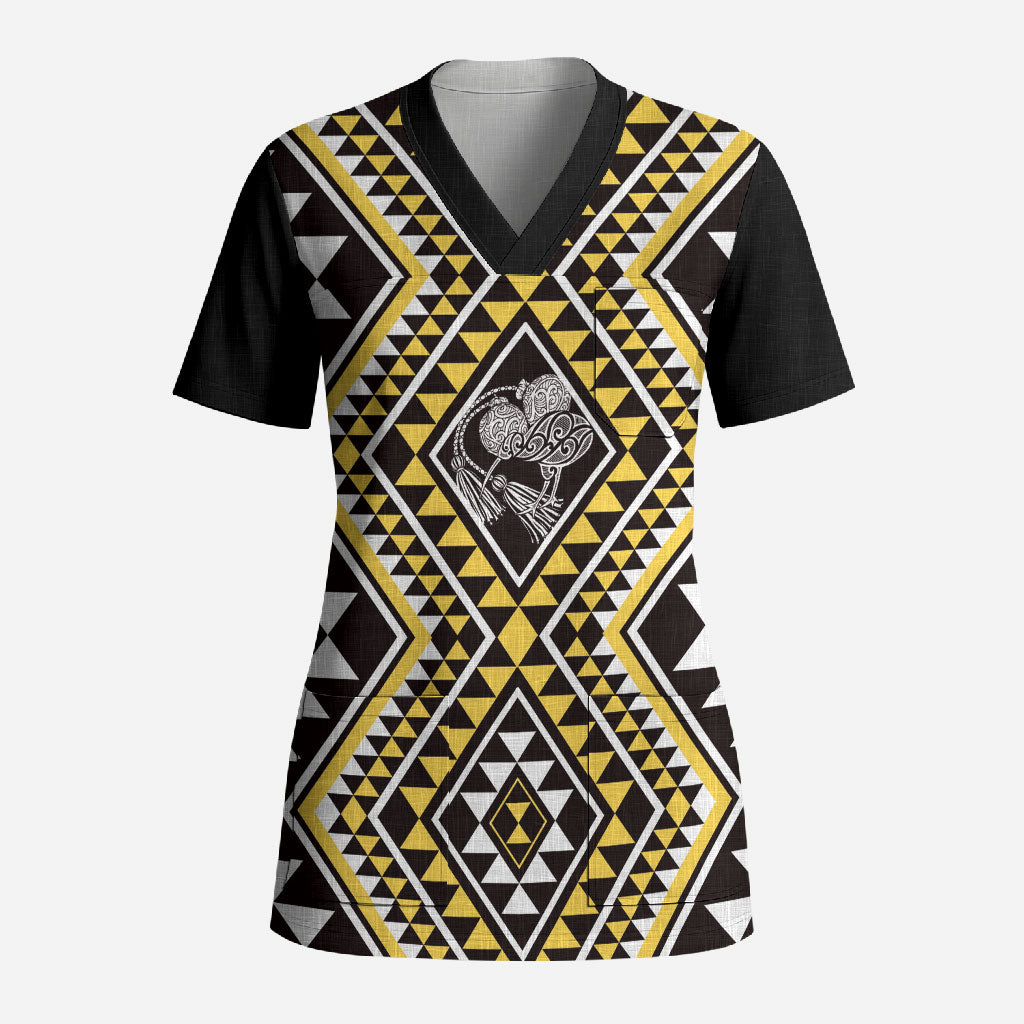 New Zealand Kowhai Taniko Motifs Scrub Top Maori Poi Dance Costume Inspired