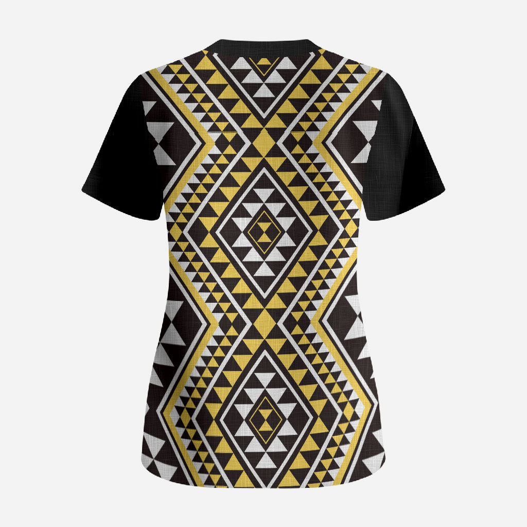 New Zealand Kowhai Taniko Motifs Scrub Top Maori Poi Dance Costume Inspired