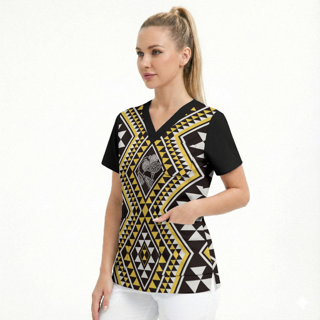 New Zealand Kowhai Taniko Motifs Scrub Top Maori Poi Dance Costume Inspired