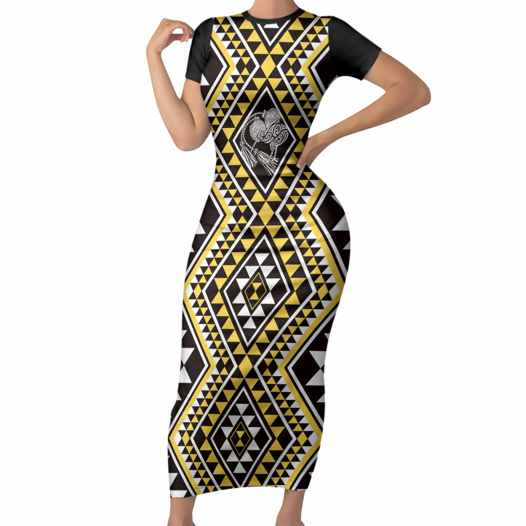 New Zealand Kowhai Taniko Motifs Short Sleeve Bodycon Dress Maori Poi Dance Costume Inspired