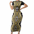 New Zealand Kowhai Taniko Motifs Short Sleeve Bodycon Dress Maori Poi Dance Costume Inspired
