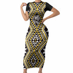 New Zealand Kowhai Taniko Motifs Short Sleeve Bodycon Dress Maori Poi Dance Costume Inspired