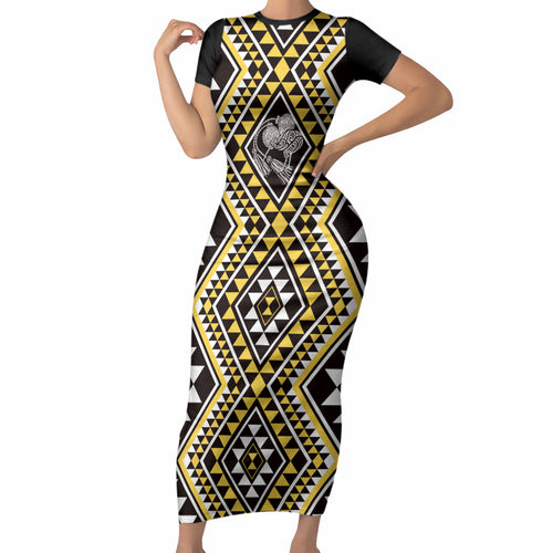 New Zealand Kowhai Taniko Motifs Short Sleeve Bodycon Dress Maori Poi Dance Costume Inspired