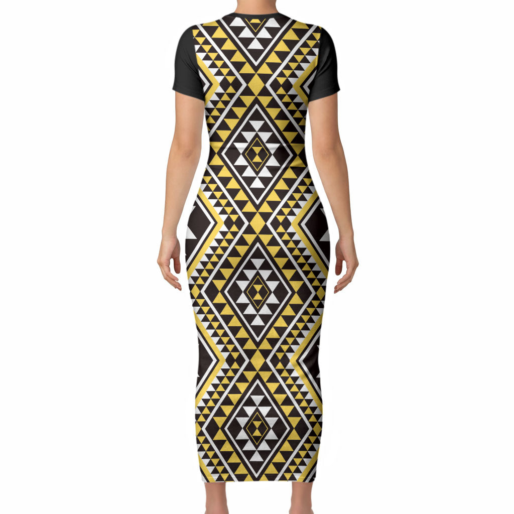 New Zealand Kowhai Taniko Motifs Short Sleeve Bodycon Dress Maori Poi Dance Costume Inspired