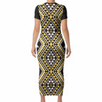New Zealand Kowhai Taniko Motifs Short Sleeve Bodycon Dress Maori Poi Dance Costume Inspired
