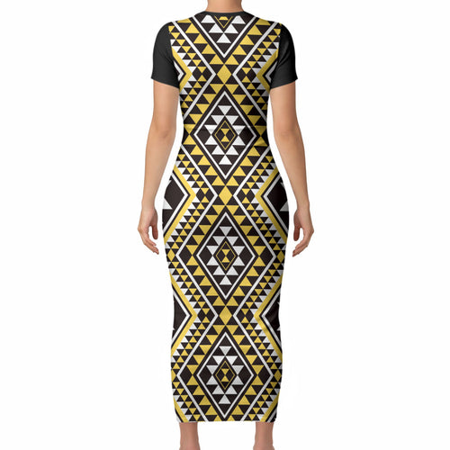 New Zealand Kowhai Taniko Motifs Short Sleeve Bodycon Dress Maori Poi Dance Costume Inspired