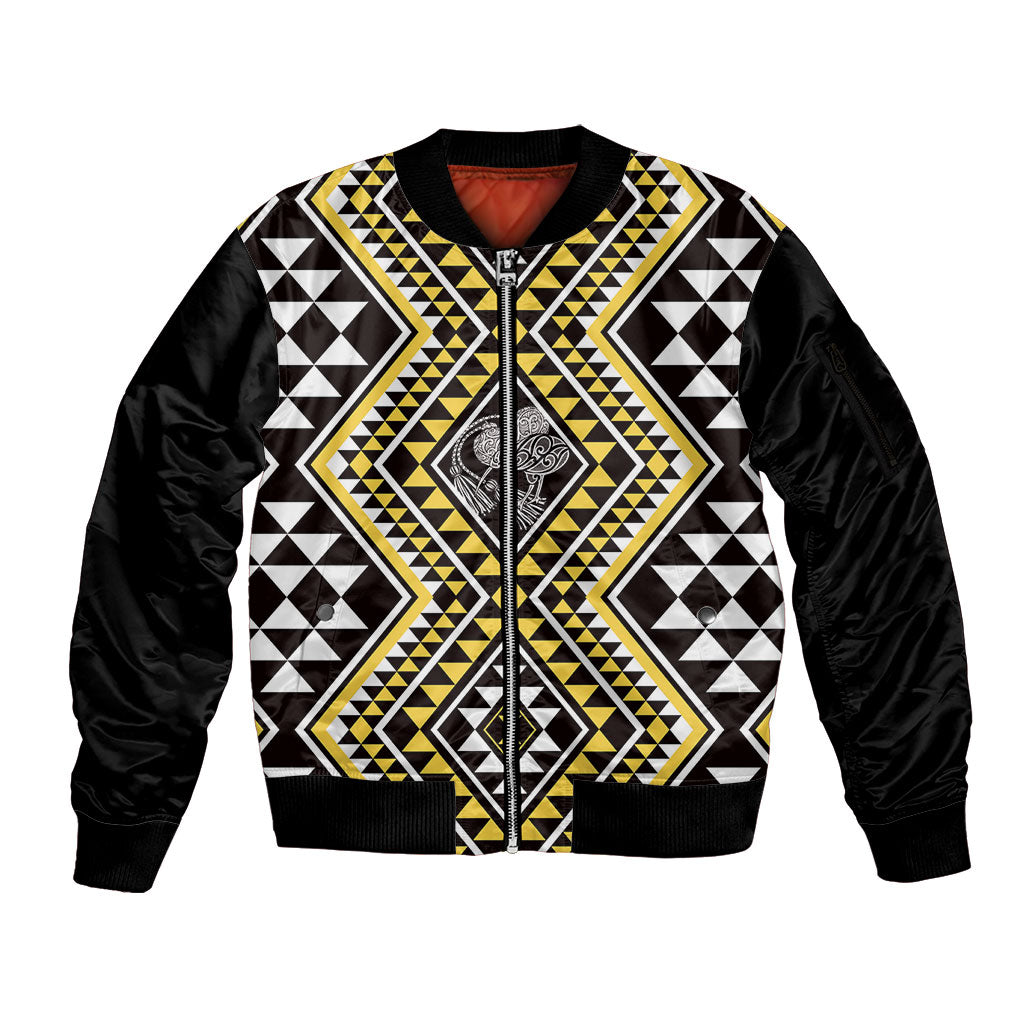 New Zealand Kowhai Taniko Motifs Sleeve Zip Bomber Jacket Maori Poi Dance Costume Inspired