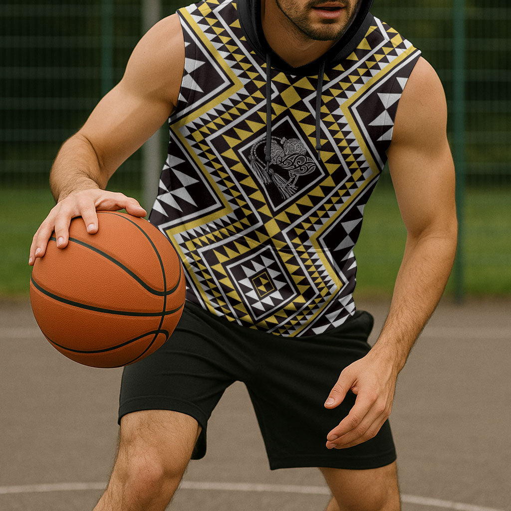 New Zealand Kowhai Taniko Motifs Sleeveless Hoodie Maori Poi Dance Costume Inspired