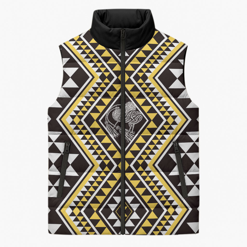 New Zealand Kowhai Taniko Motifs Sleeveless Puffer Jacket Maori Poi Dance Costume Inspired
