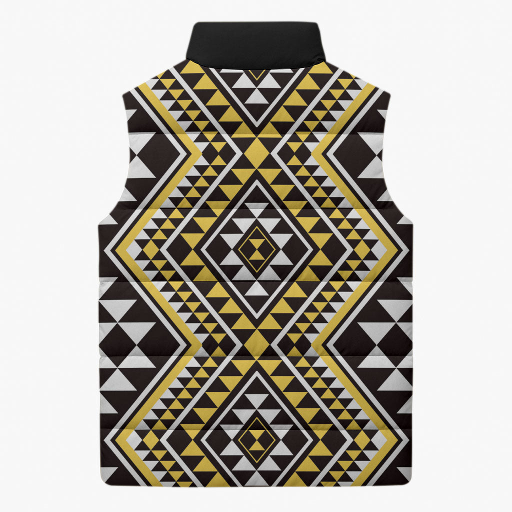 New Zealand Kowhai Taniko Motifs Sleeveless Puffer Jacket Maori Poi Dance Costume Inspired