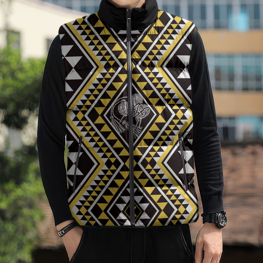 New Zealand Kowhai Taniko Motifs Sleeveless Puffer Jacket Maori Poi Dance Costume Inspired
