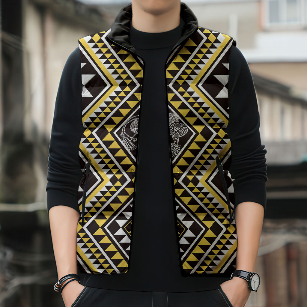 New Zealand Kowhai Taniko Motifs Sleeveless Puffer Jacket Maori Poi Dance Costume Inspired