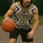 New Zealand Kowhai Taniko Motifs Sleeveless Zip Hoodie Maori Poi Dance Costume Inspired