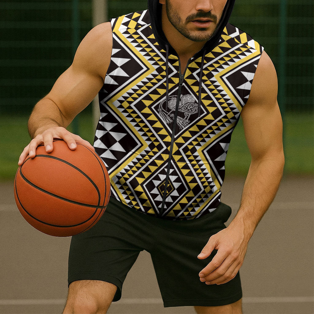New Zealand Kowhai Taniko Motifs Sleeveless Zip Hoodie Maori Poi Dance Costume Inspired