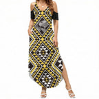New Zealand Kowhai Taniko Motifs Summer Maxi Dress Maori Poi Dance Costume Inspired