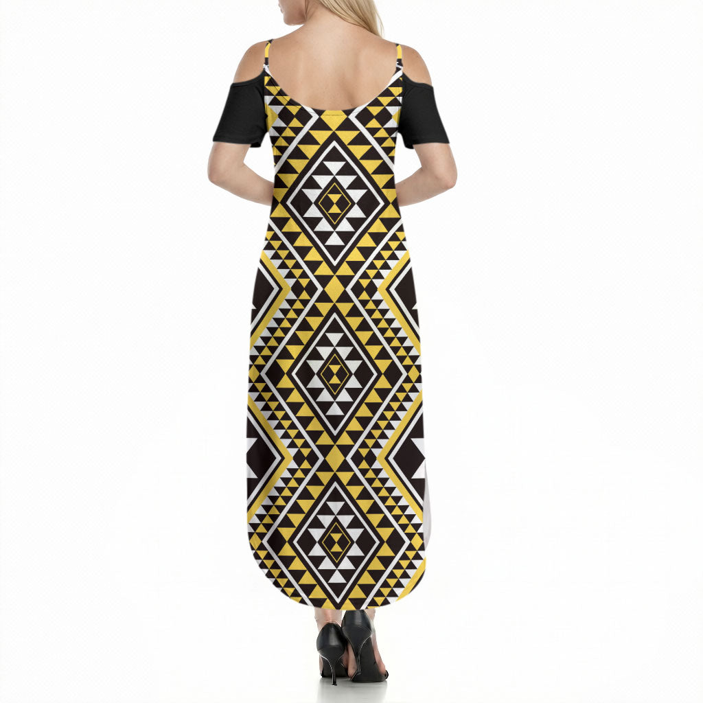 New Zealand Kowhai Taniko Motifs Summer Maxi Dress Maori Poi Dance Costume Inspired