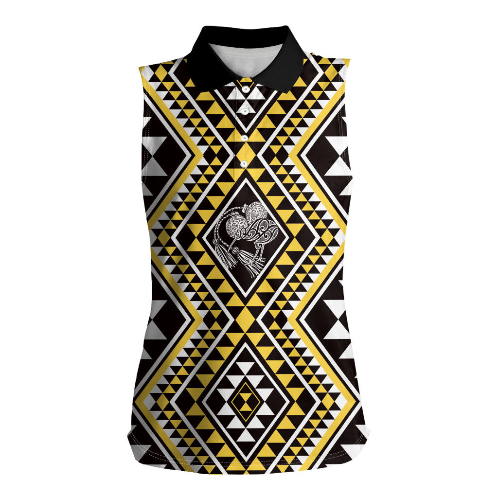 New Zealand Kowhai Taniko Motifs Women Sleeveless Polo Shirt Maori Poi Dance Costume Inspired
