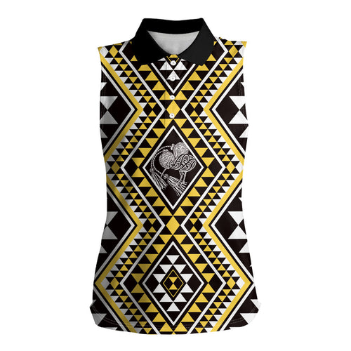 New Zealand Kowhai Taniko Motifs Women Sleeveless Polo Shirt Maori Poi Dance Costume Inspired