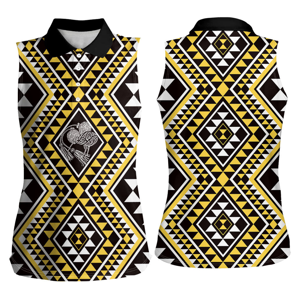 New Zealand Kowhai Taniko Motifs Women Sleeveless Polo Shirt Maori Poi Dance Costume Inspired