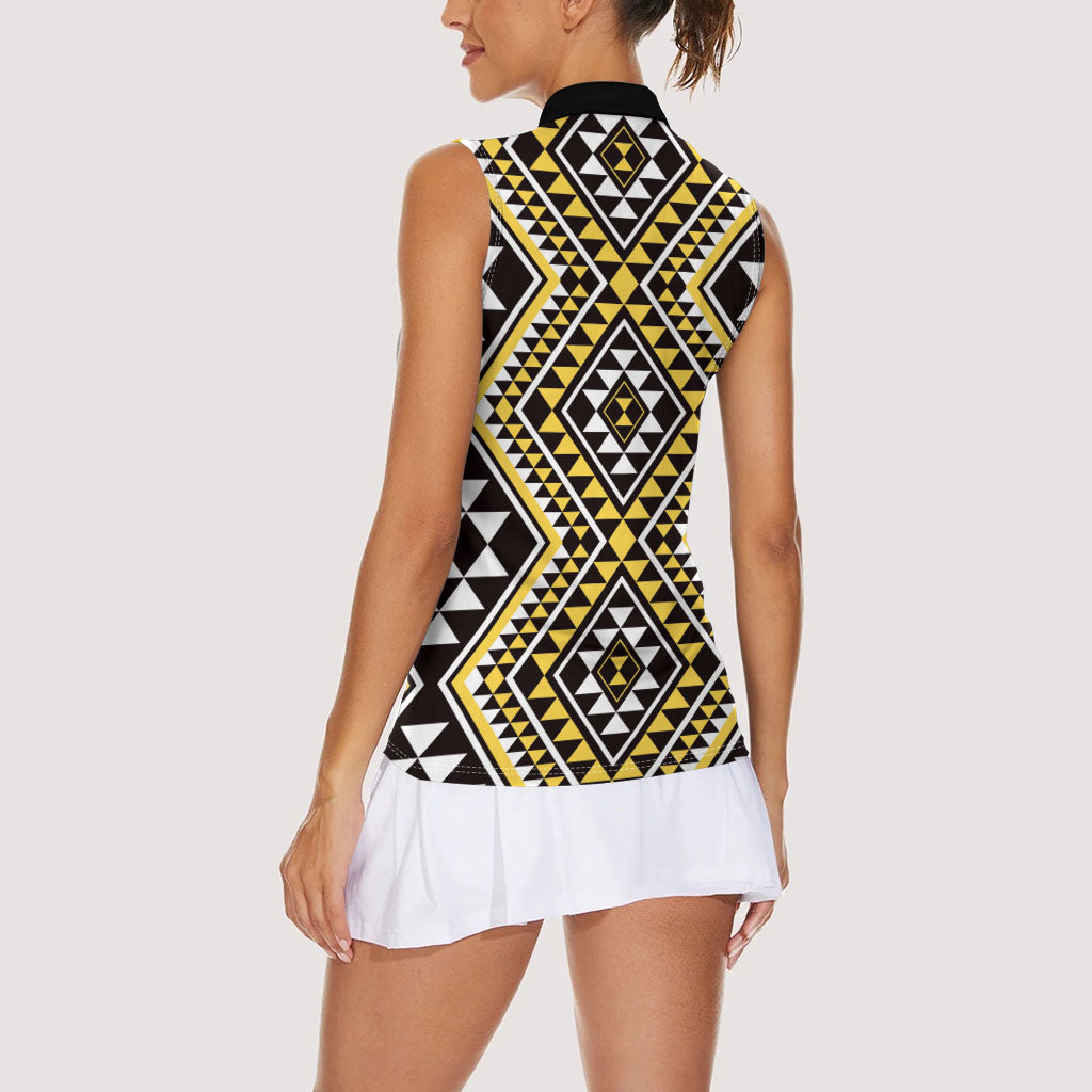 New Zealand Kowhai Taniko Motifs Women Sleeveless Polo Shirt Maori Poi Dance Costume Inspired