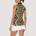 New Zealand Kowhai Taniko Motifs Women Sleeveless Polo Shirt Maori Poi Dance Costume Inspired