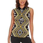 New Zealand Kowhai Taniko Motifs Women Sleeveless Polo Shirt Maori Poi Dance Costume Inspired