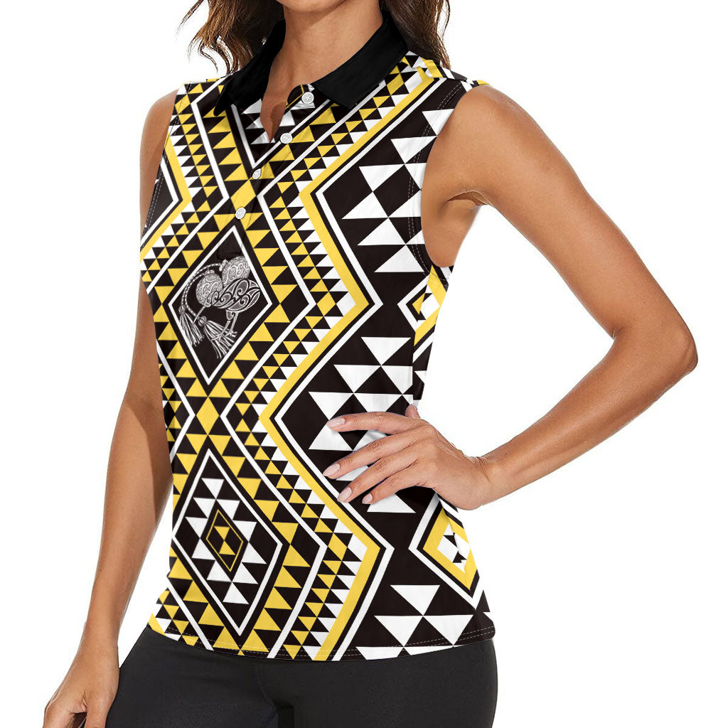 New Zealand Kowhai Taniko Motifs Women Sleeveless Polo Shirt Maori Poi Dance Costume Inspired