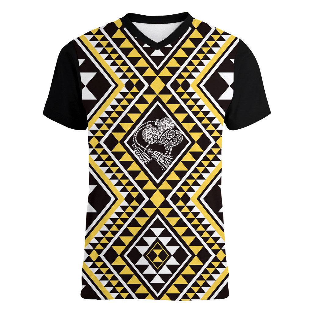 New Zealand Kowhai Taniko Motifs Women V-Neck T-Shirt Maori Poi Dance Costume Inspired