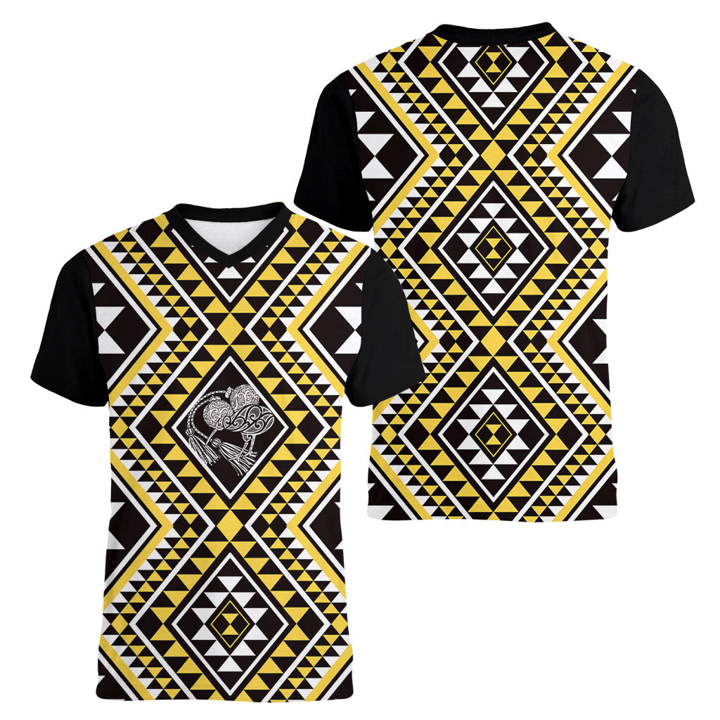New Zealand Kowhai Taniko Motifs Women V-Neck T-Shirt Maori Poi Dance Costume Inspired