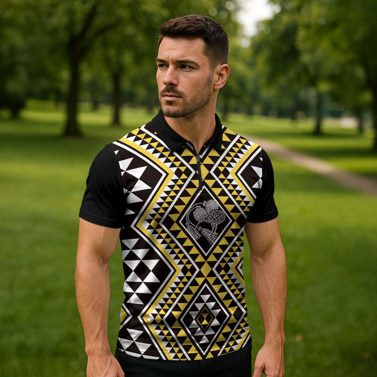 New Zealand Kowhai Taniko Motifs Zipper Polo Shirt Maori Poi Dance Costume Inspired