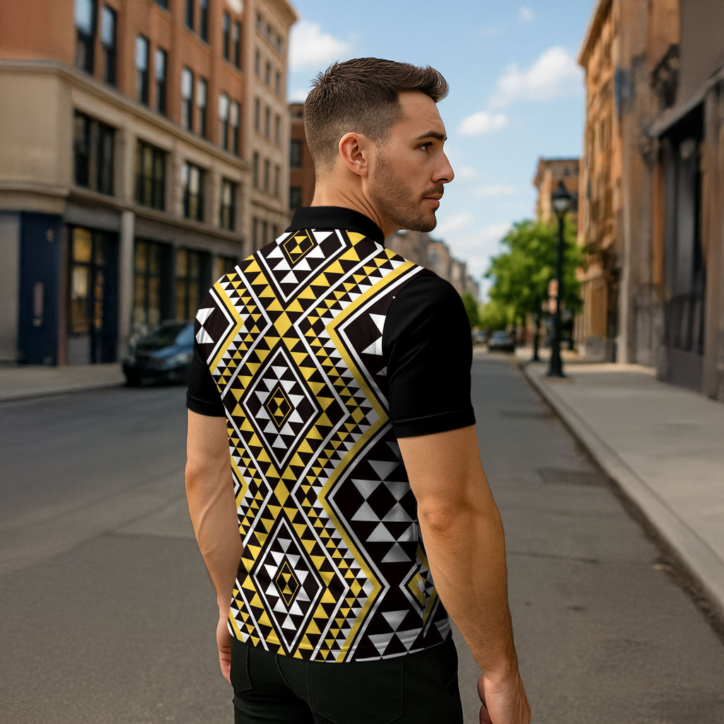 New Zealand Kowhai Taniko Motifs Zipper Polo Shirt Maori Poi Dance Costume Inspired