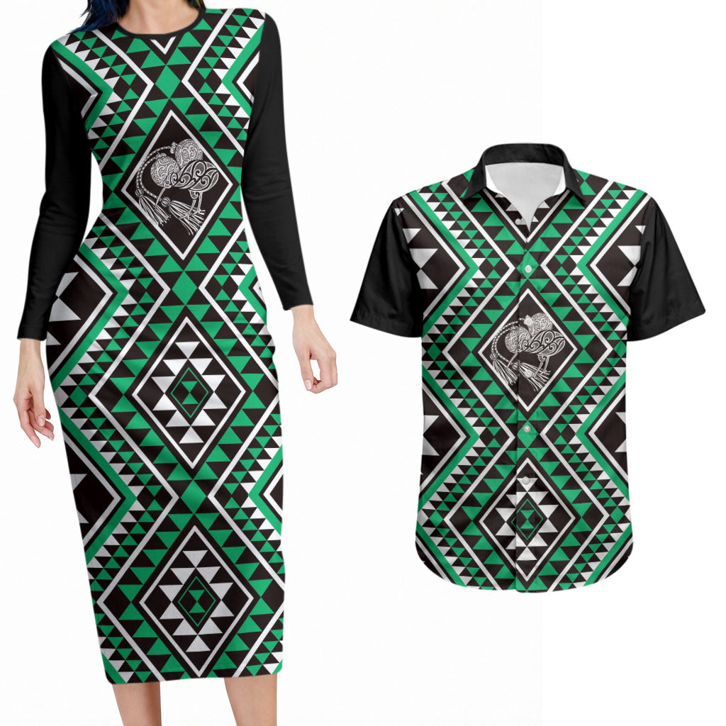 New Zealand Kakariki Taniko Motifs Couples Matching Long Sleeve Bodycon Dress and Hawaiian Shirt Maori Poi Dance Costume Inspired