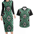 New Zealand Kakariki Taniko Motifs Couples Matching Long Sleeve Bodycon Dress and Hawaiian Shirt Maori Poi Dance Costume Inspired