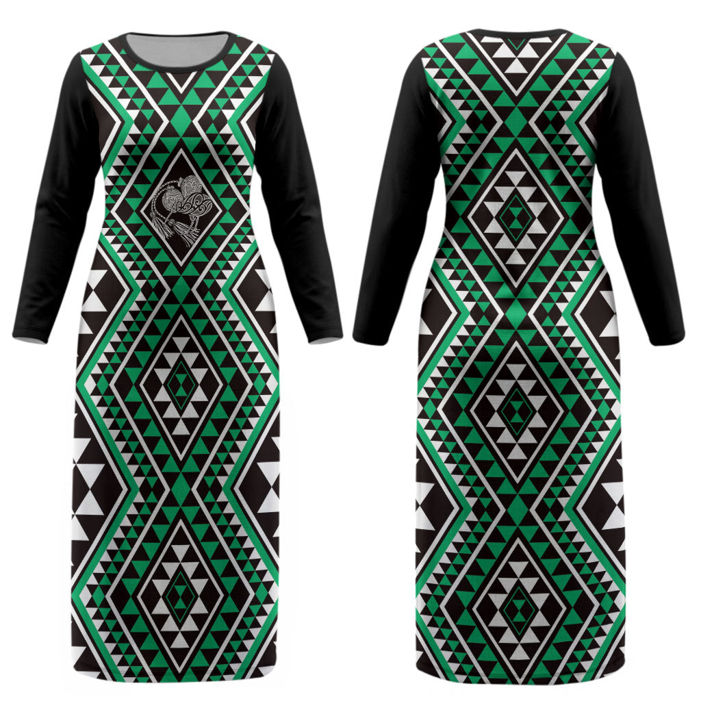 New Zealand Kakariki Taniko Motifs Couples Matching Long Sleeve Bodycon Dress and Hawaiian Shirt Maori Poi Dance Costume Inspired